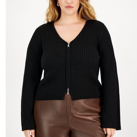 FULL CIRCLE TRENDS Plus Size V-Neck Zip-Up Sweater In Black Beauty Sz 2X NWT - Picture 1 of 9